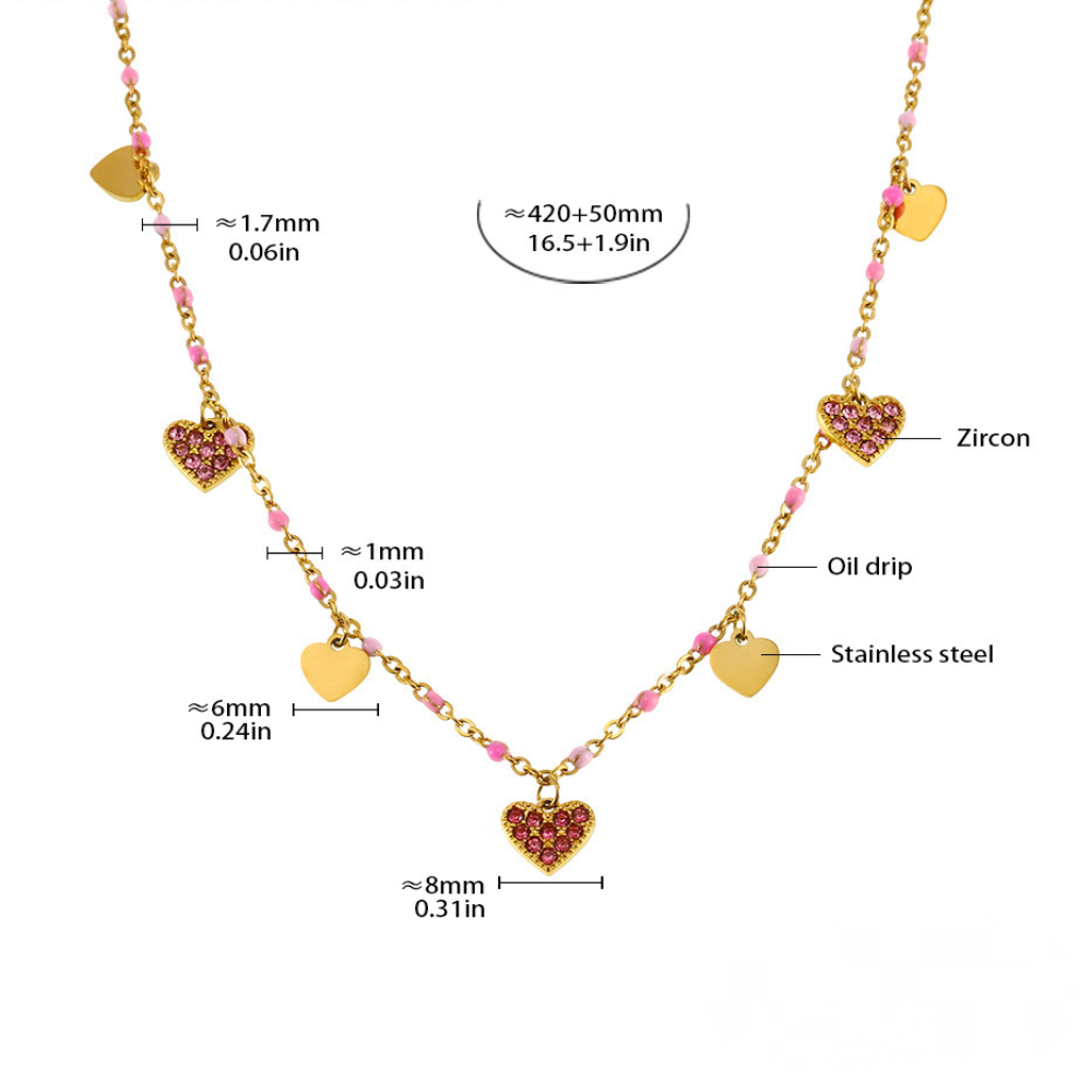 Stainless Steel Heart Shaped Cubic Zirconia Beaded Necklace Bracelet Anklet Jewelry Suit