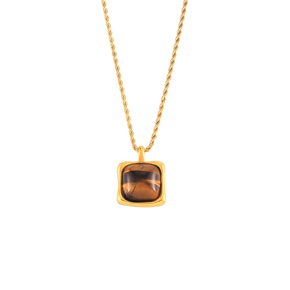 Stainless Steel 18K Gold PVD Square Tiger Eye Stone Pendant Necklace