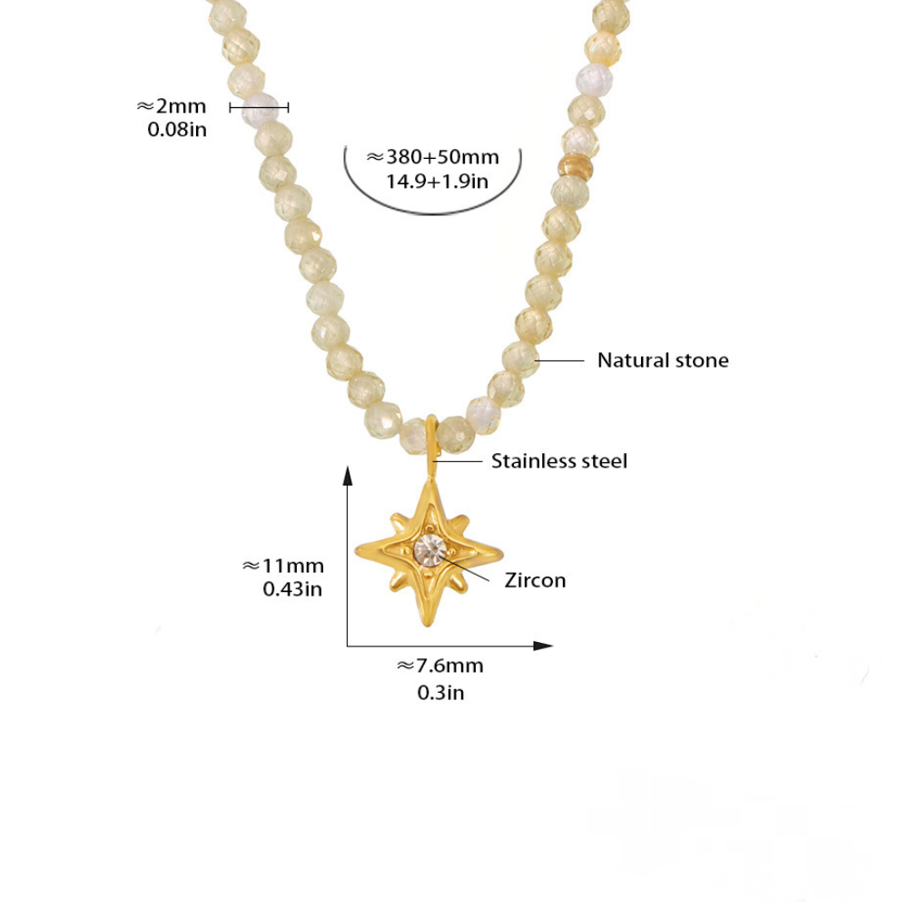 Stainless Steel Eight Pointed Star Cubic Zirconia Pendant Yellow Beaded Necklace