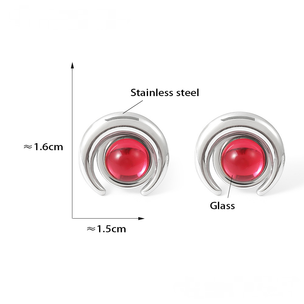 Stainless Steel Half Moon Glass Stone Stud Earrings