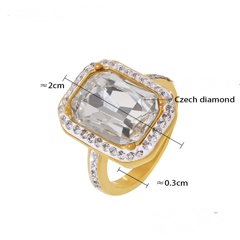 Stainless Steel Rectangular Inlay Large Czech Diamond Ring