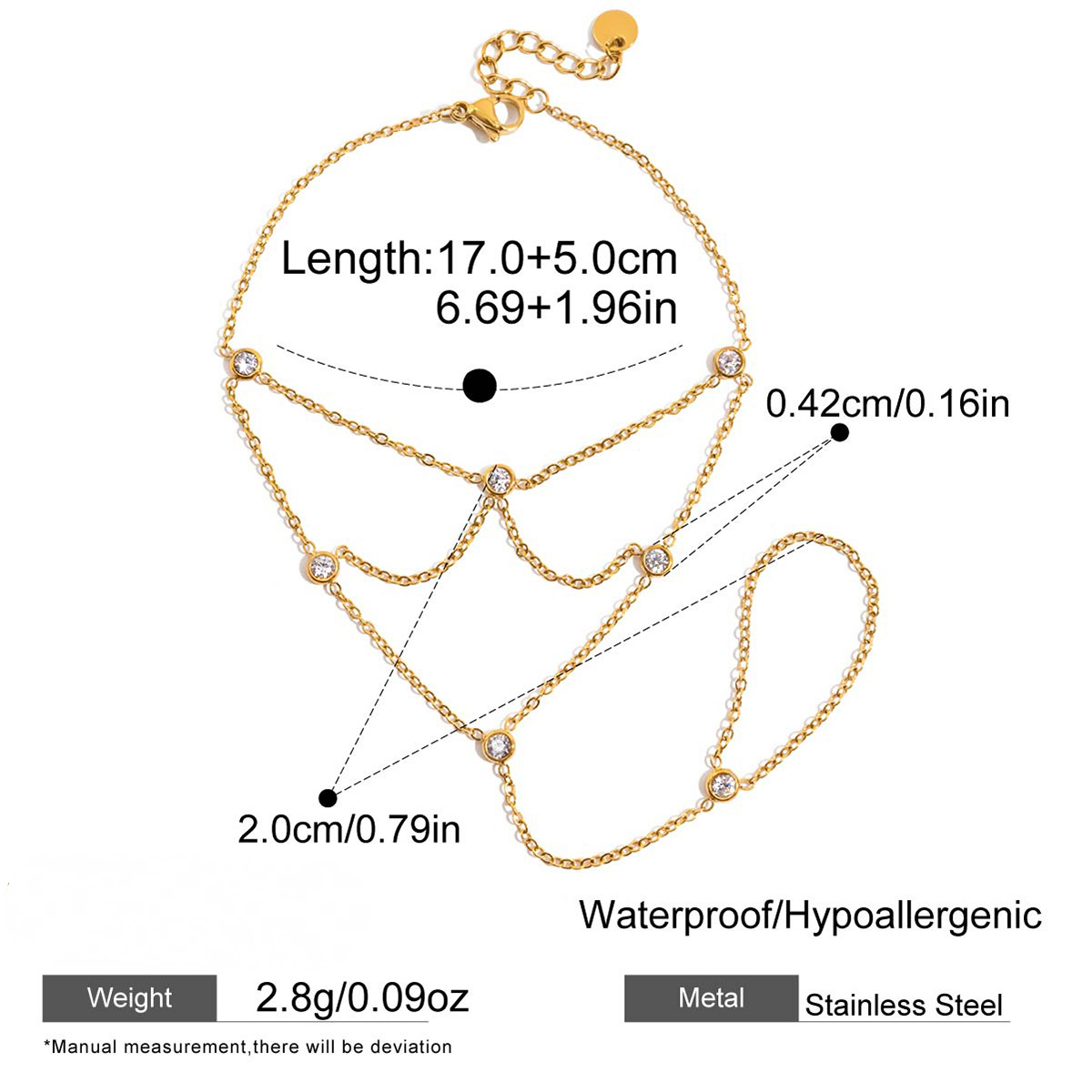 Stainless Steel Cubic Zirconia Tassel Finger Hand Chain Bracelet