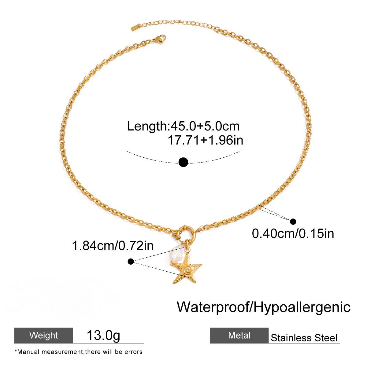 Stainless Steel Starfish Pearl Pendant Cable Chain Necklace