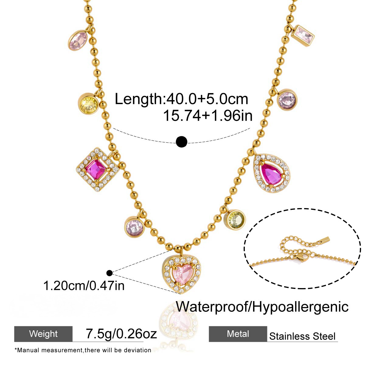 Stainless Steel Rainbow Square Cubic Zirconia Pendant Necklace