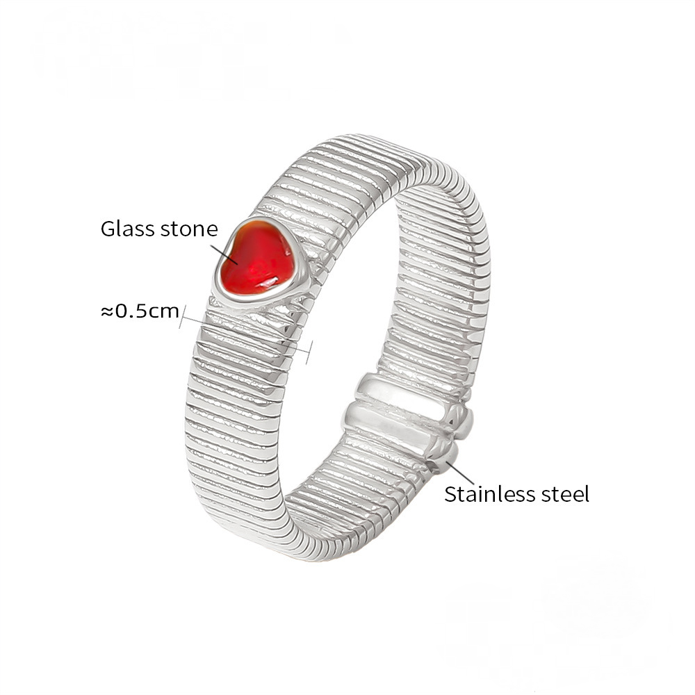 Stainless Steel Heart Shape Glass Stone Texture Ring