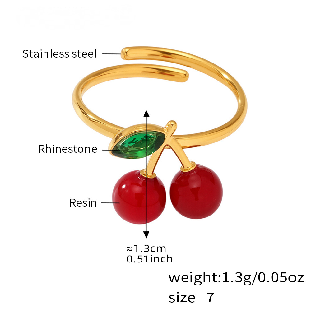 Stainless Steel 18K Gold PVD Rhinestone Resin Cherry Ring