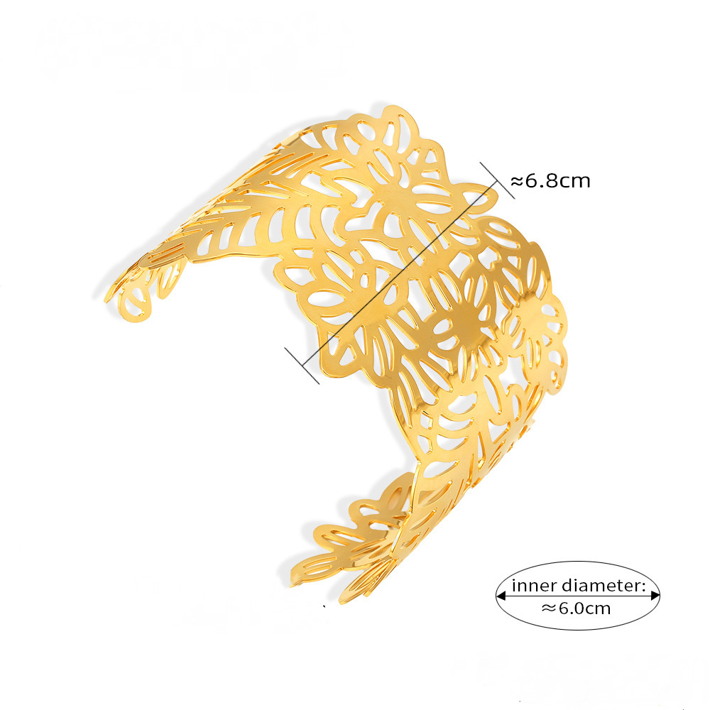 Stainless Steel Flower Leaf Stitching Cuff Chunky Bracelet