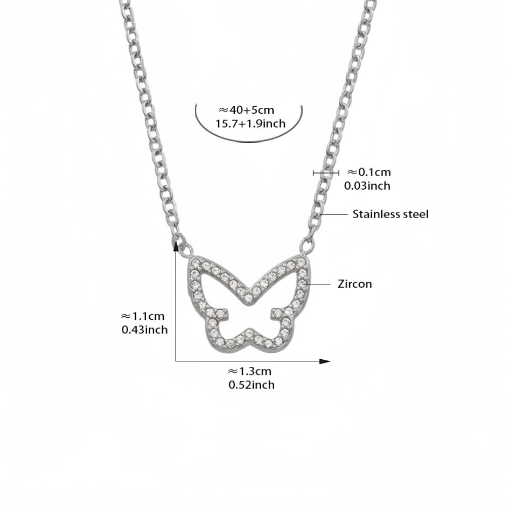 Stainless Steel Hollow Butterfly Shape Inlay Cubic Zirconia Necklace