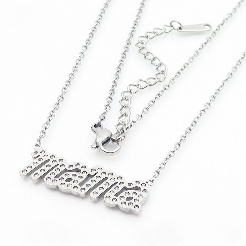 Stainless Steel Mama Pendant Inlay Cubic Zirconia Necklace