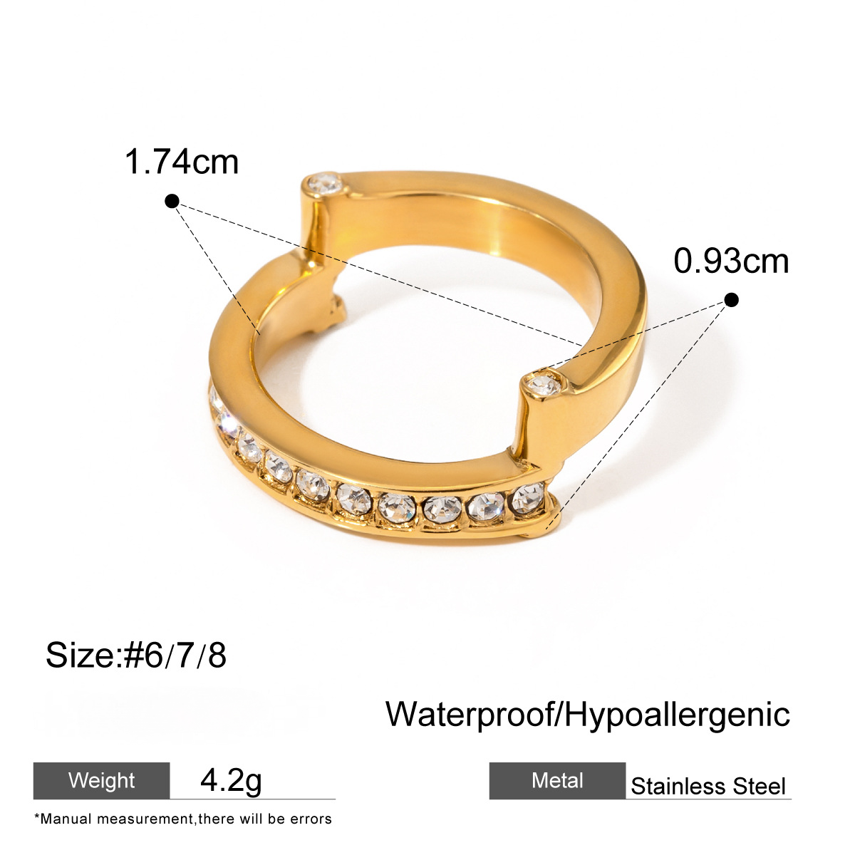 18K Gold PVD Stainless Steel Rhinestone Ring