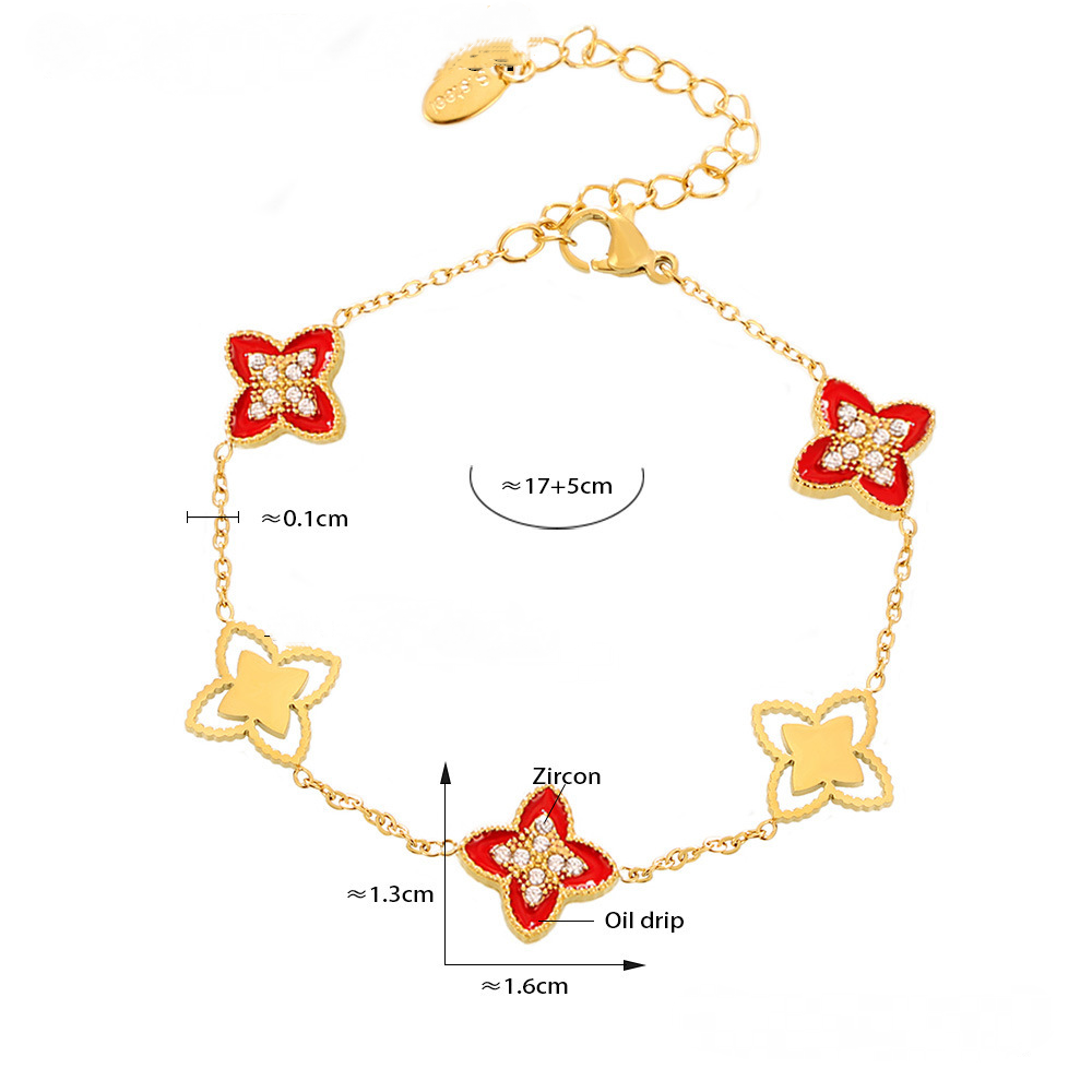 Red Oil Drop Four-leaf Flower Bracelet Necklace Jewelry Suit