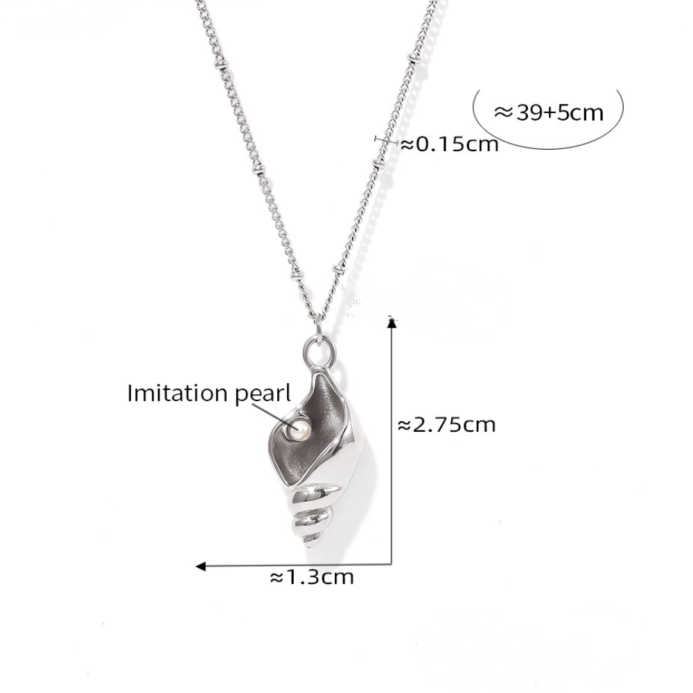 Stainless Steel Conch Inlay Imitation Pearl Pendant Necklace