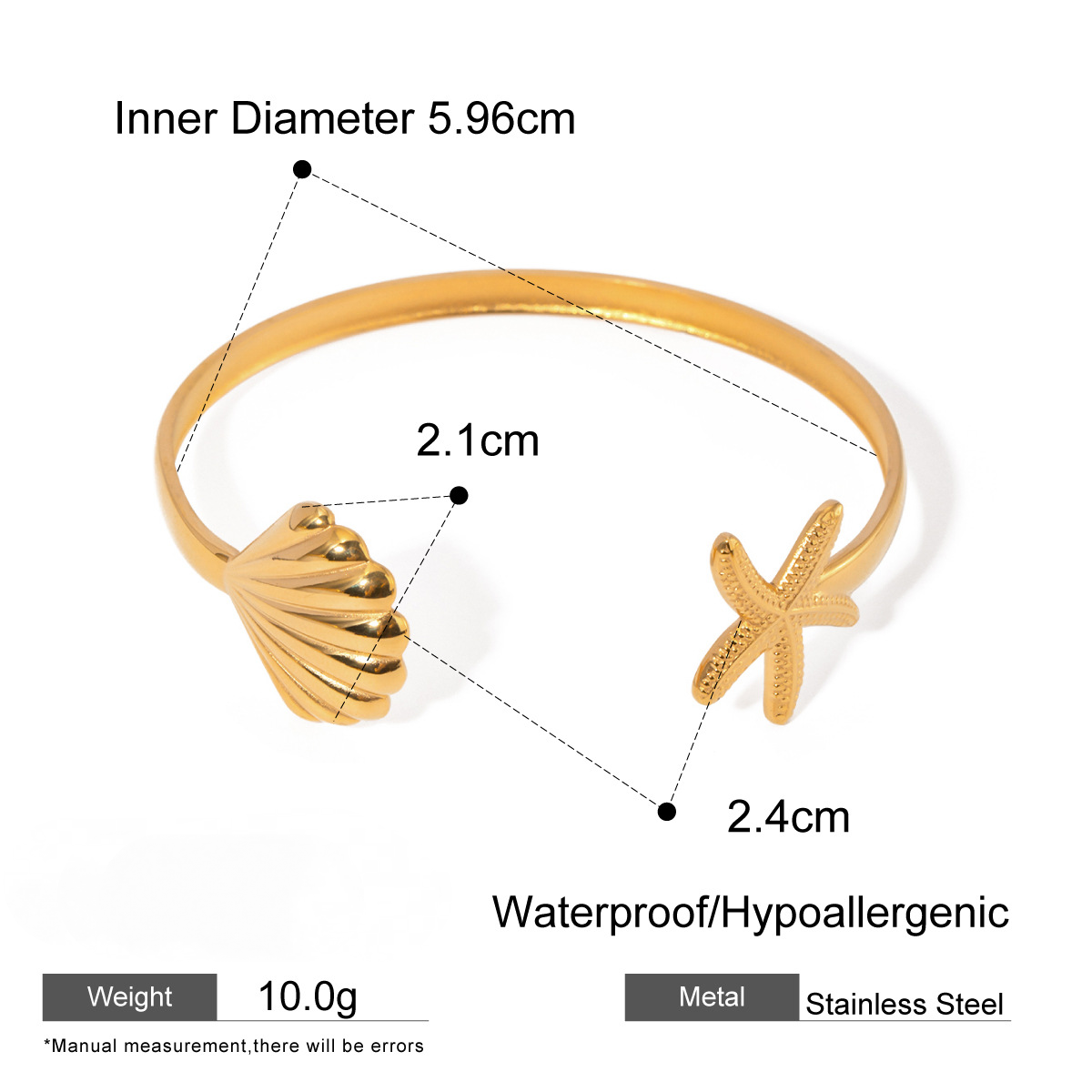 Stainless Steel Starfish Shell Cuff Bracelet