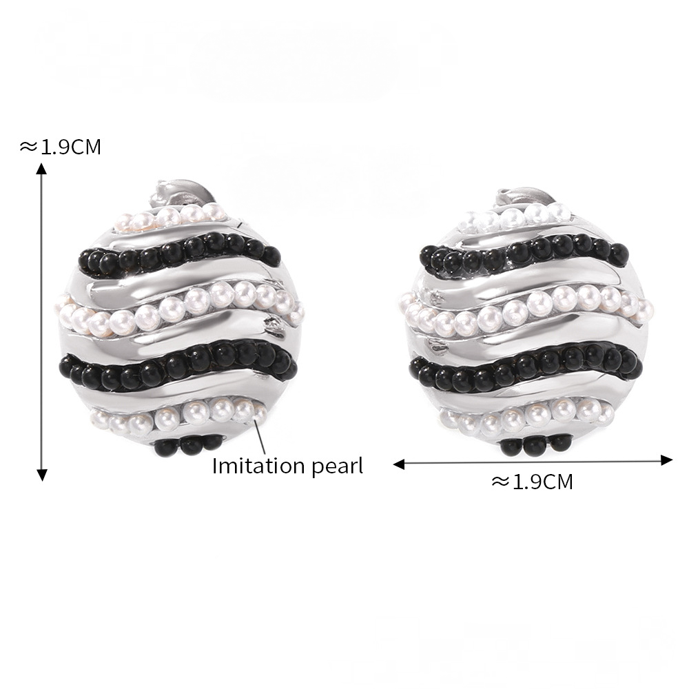Stainless Steel Round Inlay Black White Beads Stud Earrings