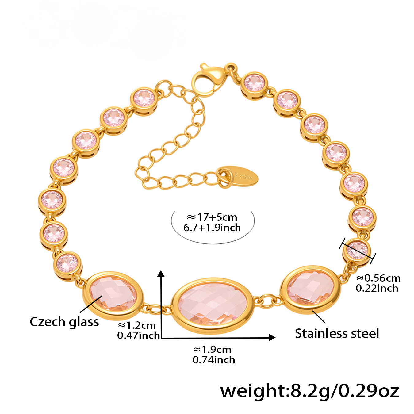 Stainless Steel 18K Gold PVD Oval Cut Crystal Glass Bracelet