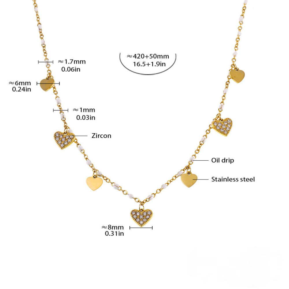 Stainless Steel Heart Shaped Cubic Zirconia Beaded Necklace Bracelet Anklet Jewelry Suit