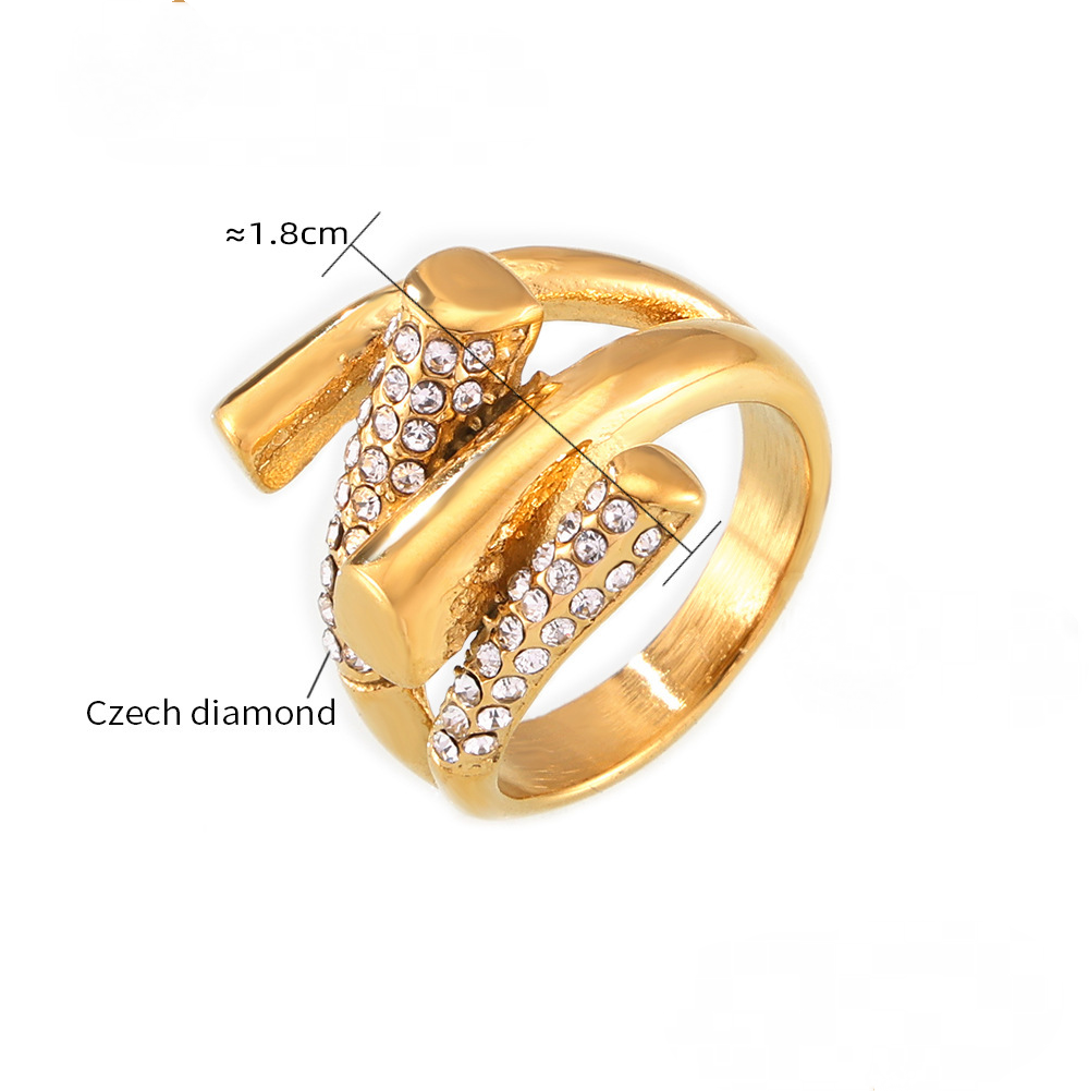 Stainless Steel Irregular Geometric Interlaced Czech Diamond Ring