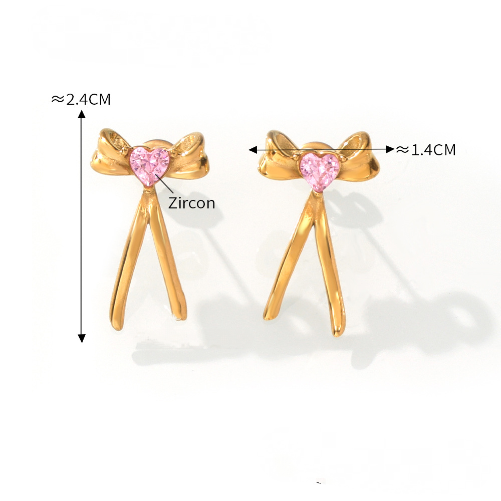 Stainless Steel Bow Inlay Heart CZ Stud Earrings