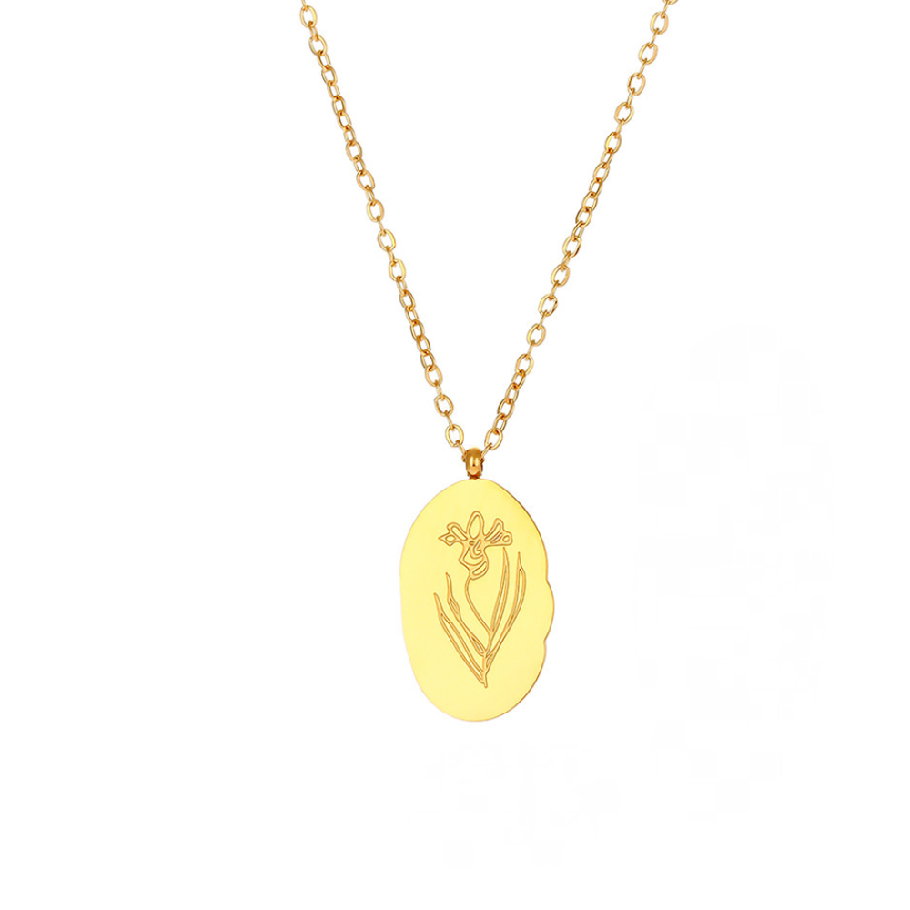 Stainless Steel Irregular Oval Birth Flower Pendant Necklace