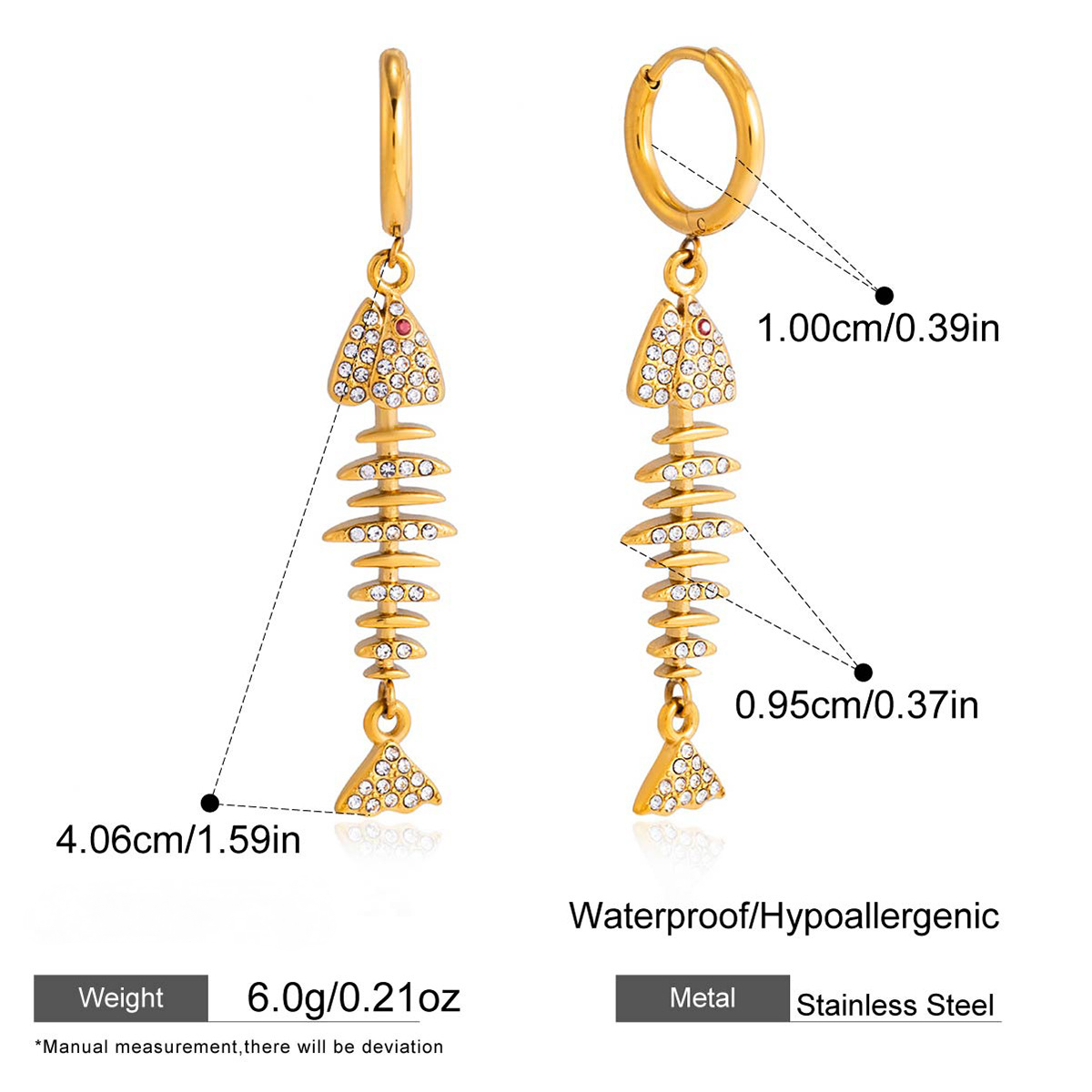 Stainless Steel White Rhinestone Fish Bone Necklace Earrings Jewelry Set