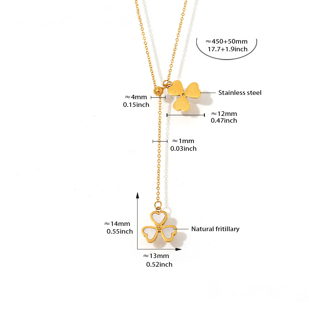 Stainless Steel Heart Shaped Flower Inlay Mother of Pearl Pendant Tassel Necklace