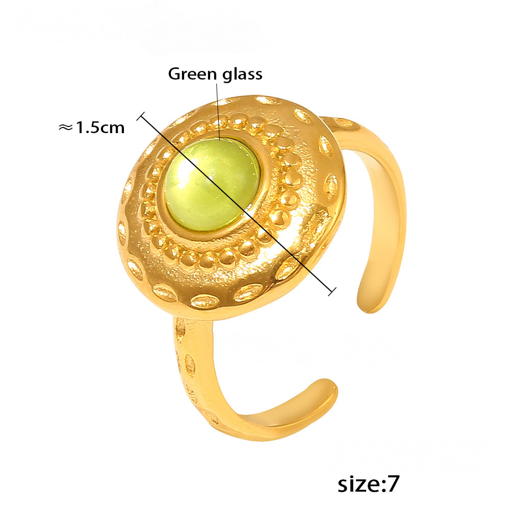 Threaded Green Glass Stainless Steel Earrings Ring Jewelry Suit