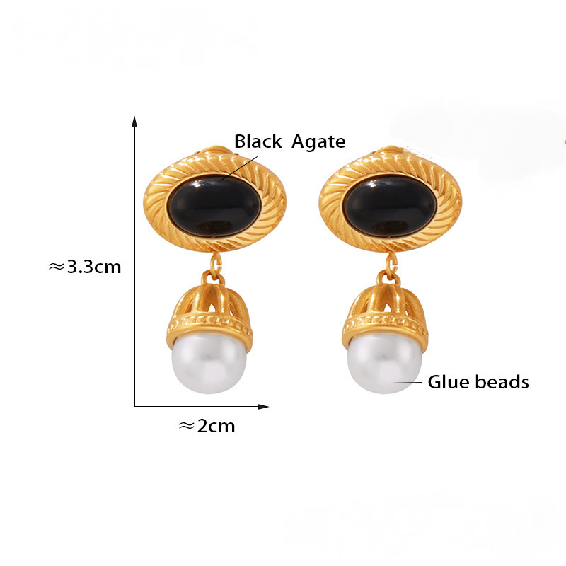 Stainless Steel Vintage Black Agate Imitation Pearl Tassel Drop Earrings