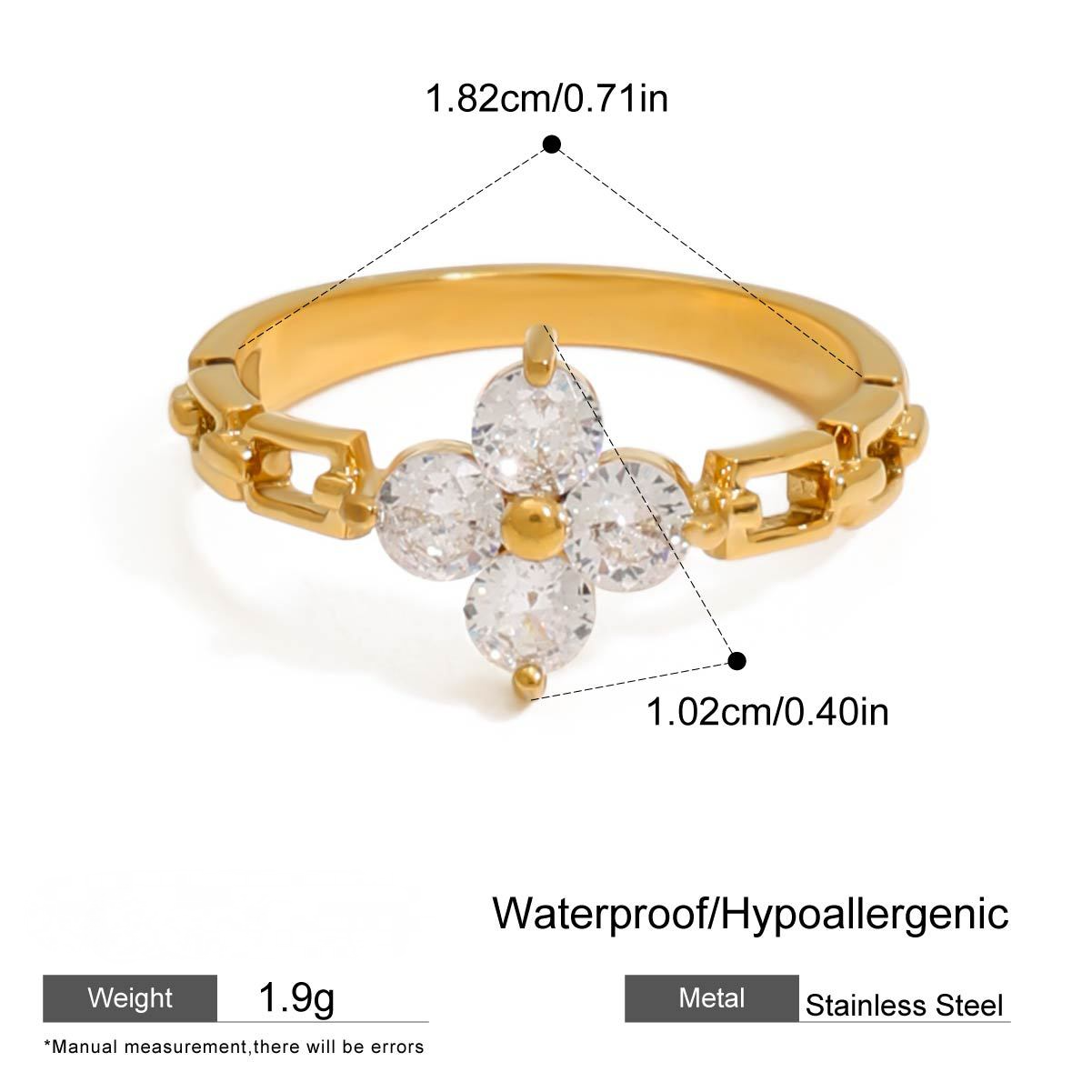 Stainless Steel Four-leaf Clover Cubic Zirconia Ring