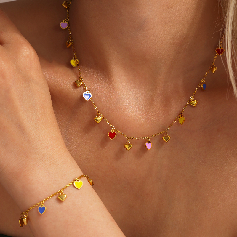 Heart Shaped Oil Drop Pendant Necklace Bracelet Jewelry Set