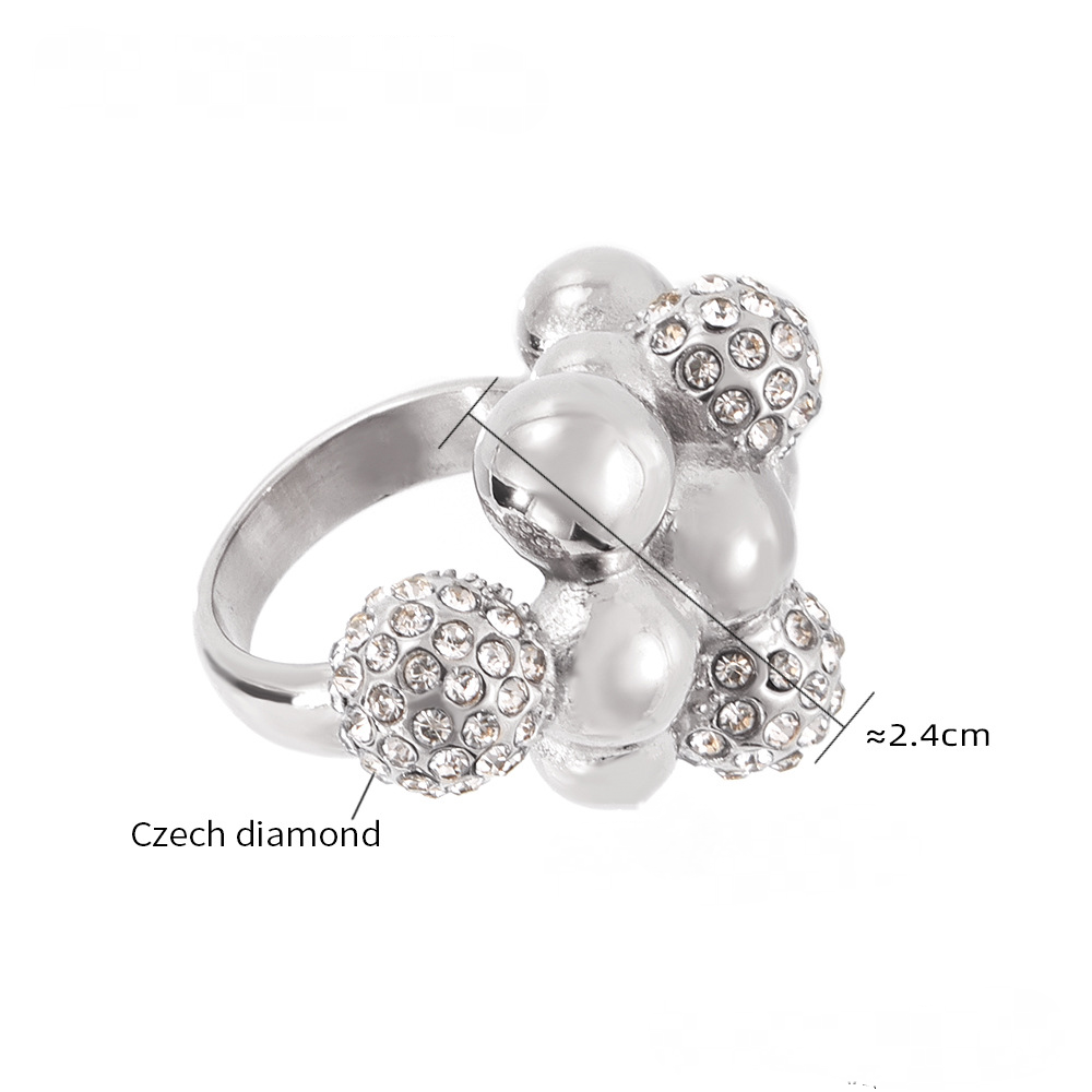 Spherical Shape Inlay Czech Diamond Stainless Steel Ring