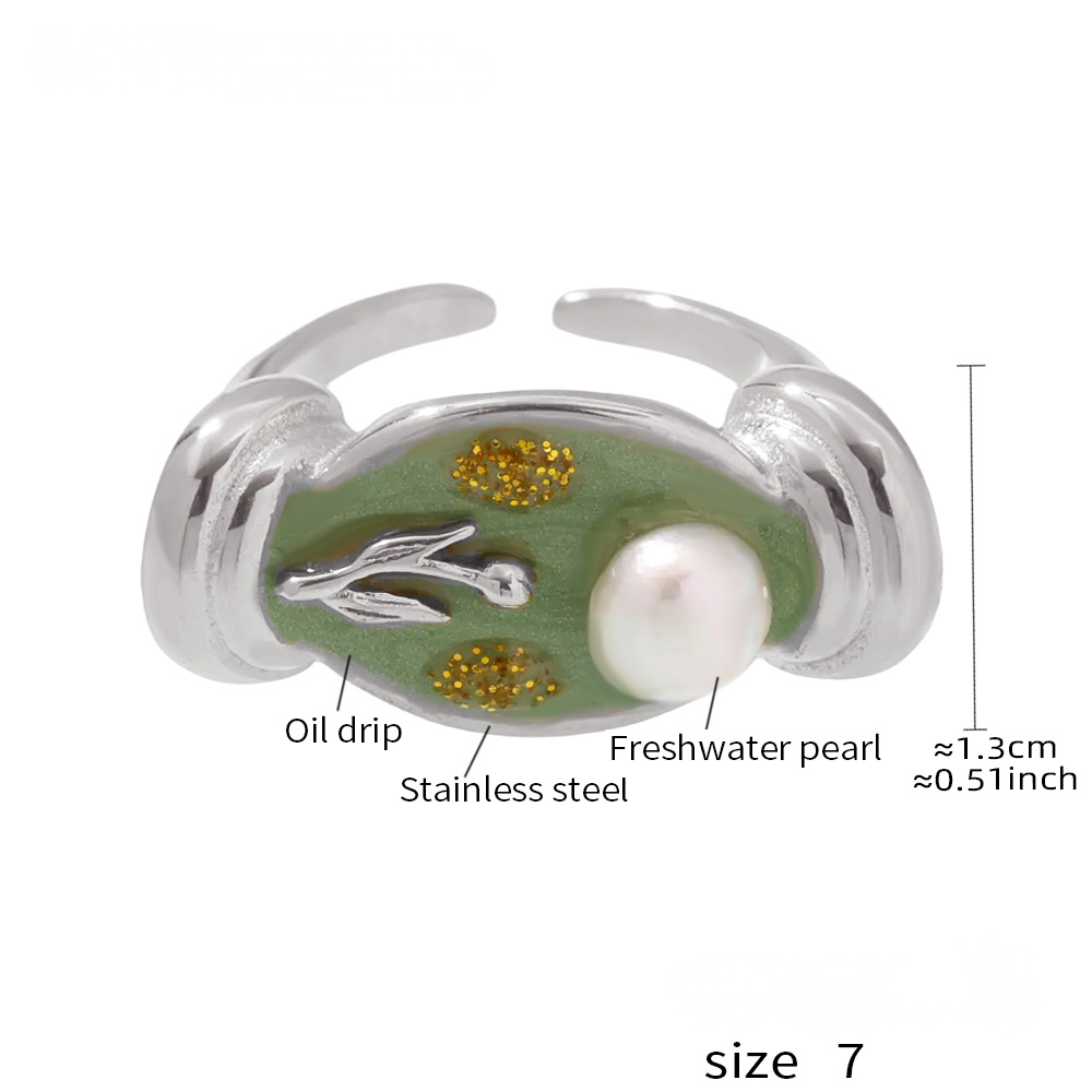 Stainless Steel Imitation Pearl Flower Relief Cuff Oil Drip Ring