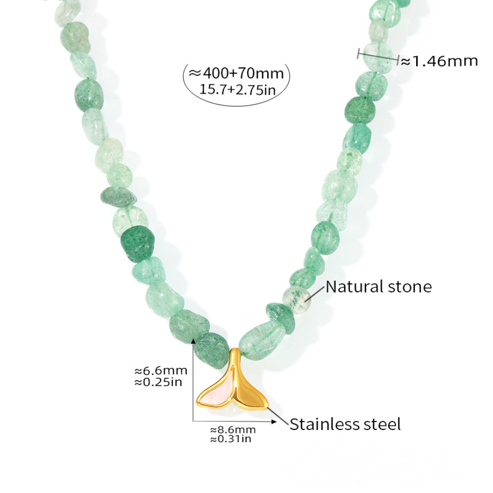 Stainless Steel Snake Chain Fishtail Pendant Natural Stone Beads Double Layer Necklace
