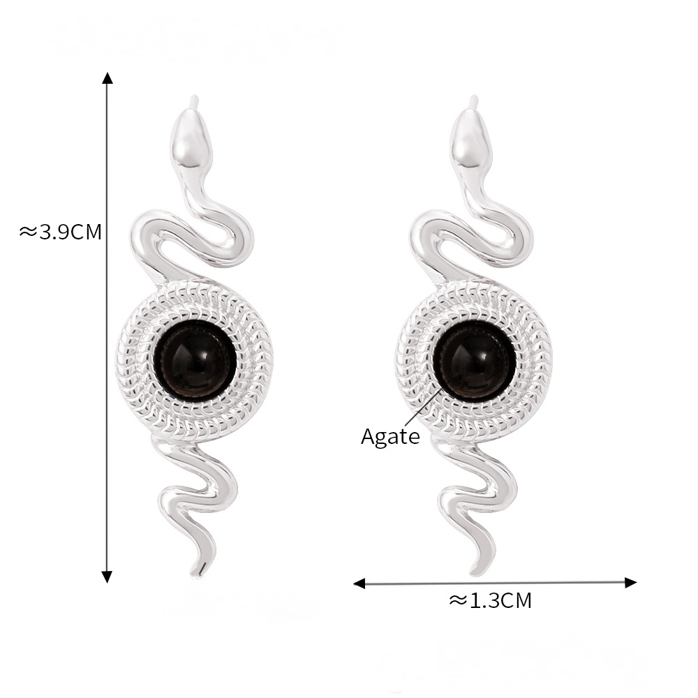 Stainless Steel Snake Inlay Natural Stone Stud Earrings