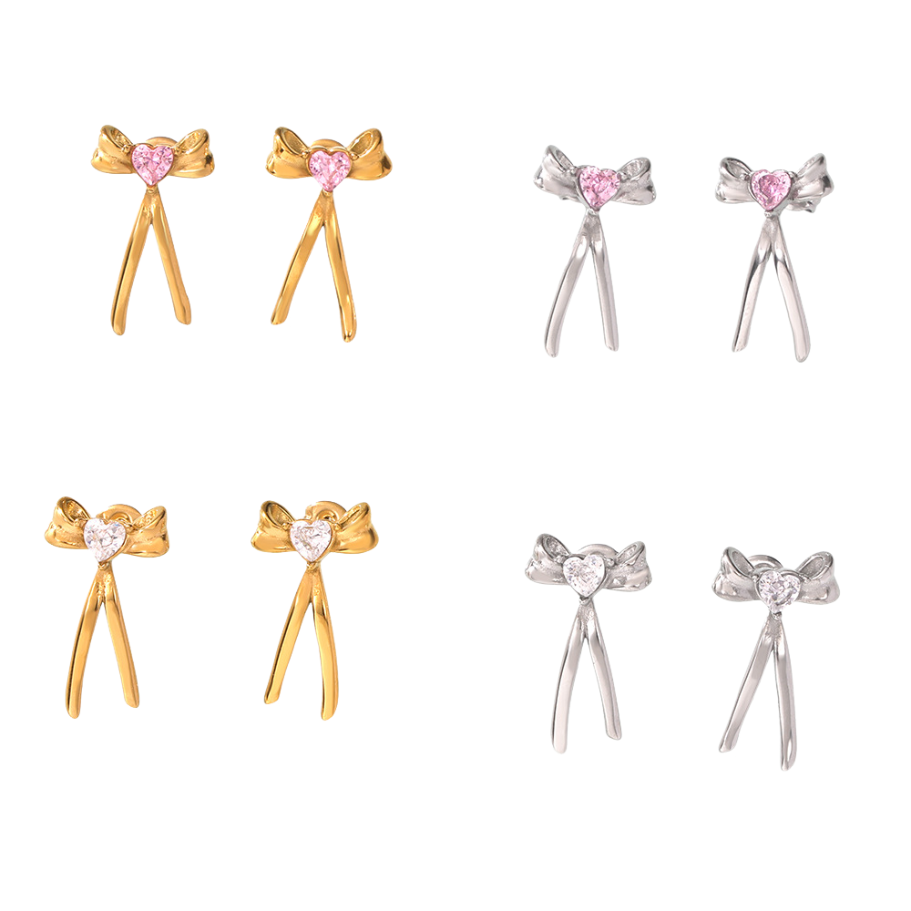 Stainless Steel Bow Inlay Heart CZ Stud Earrings