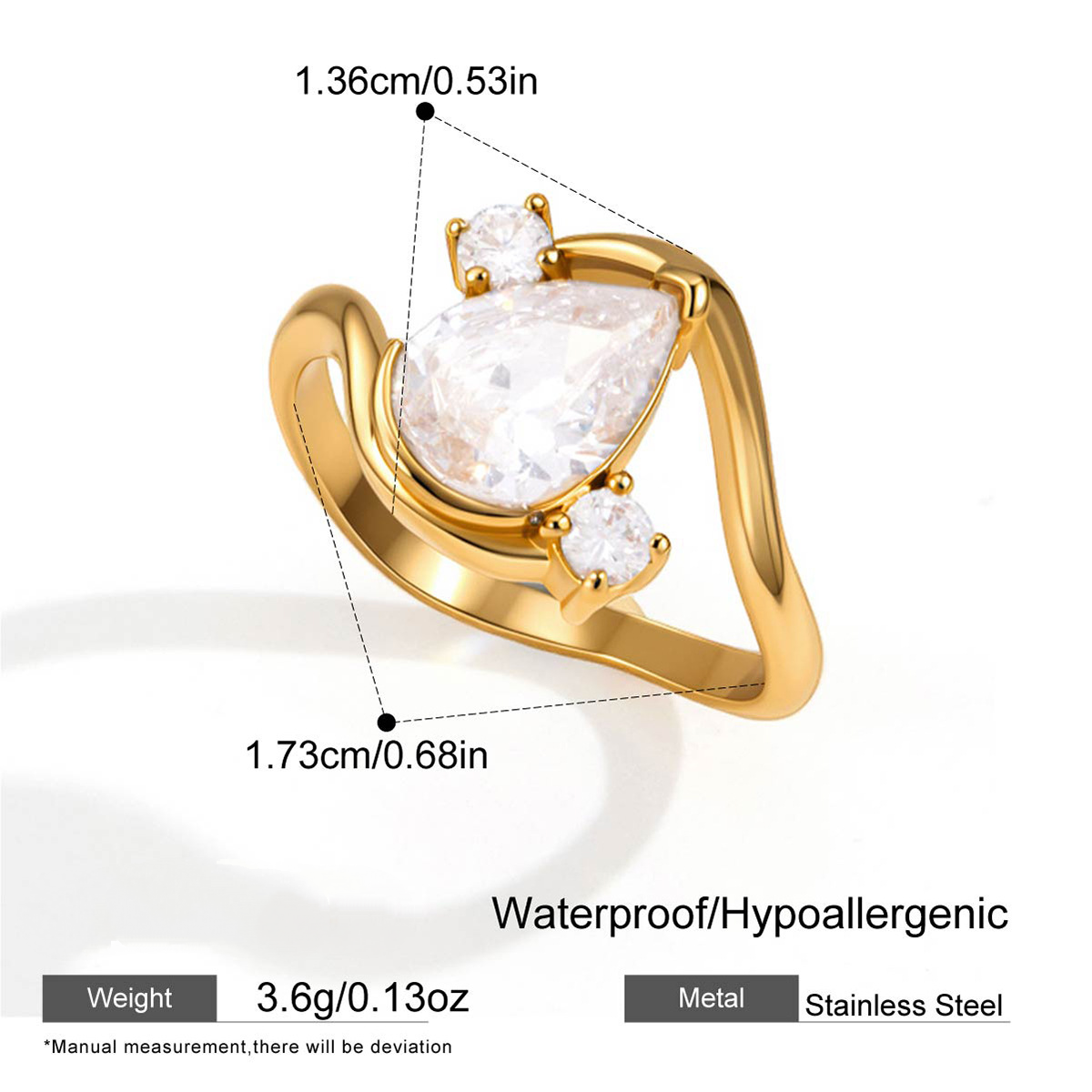 Stainless Steel Water Drop Cubic Zirconia Wave Ring