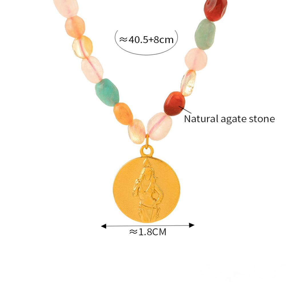 Embossed Figure Pendant Beaded Chain Necklace