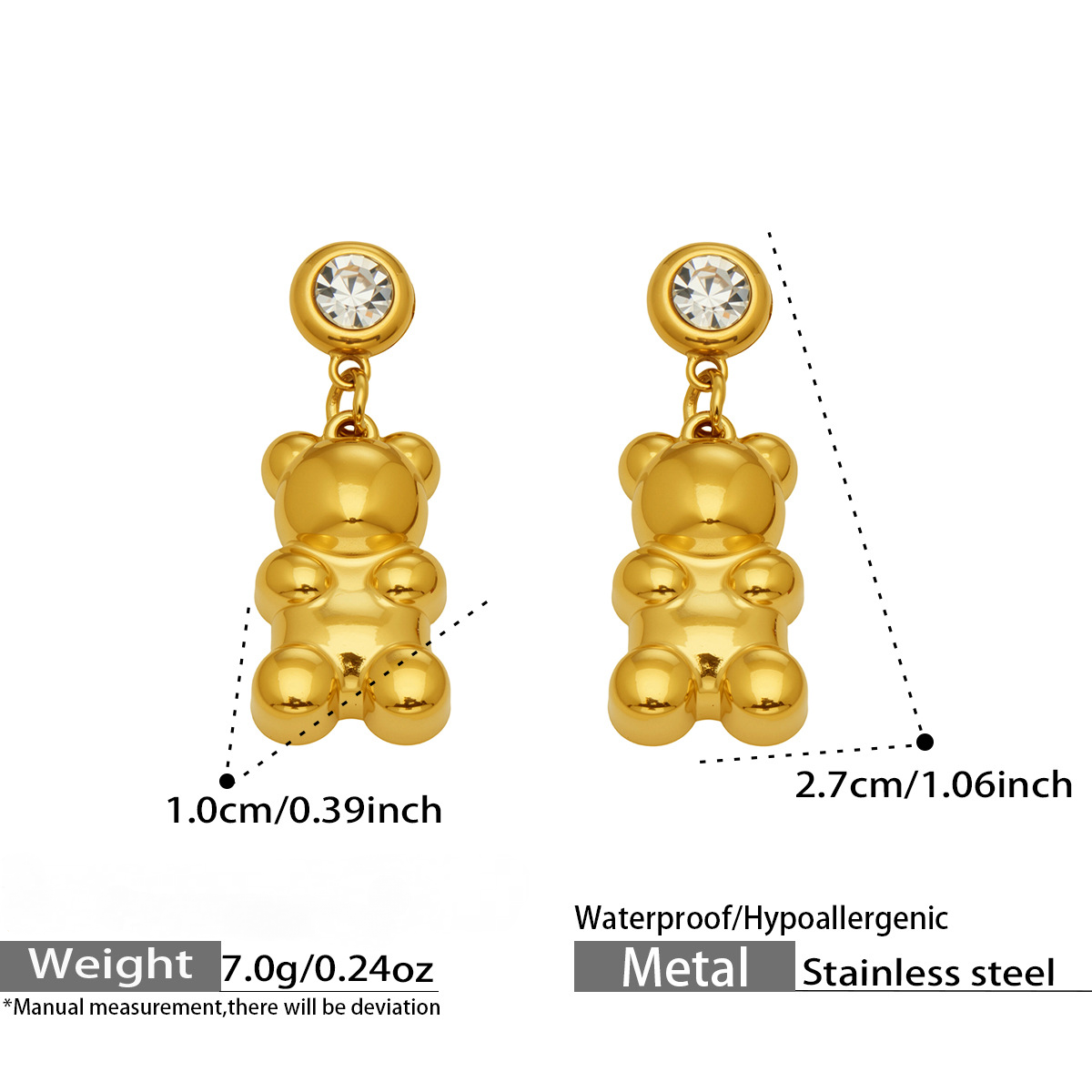 Stainless Steel 5A CZ Bear Pendant Stud Earrings