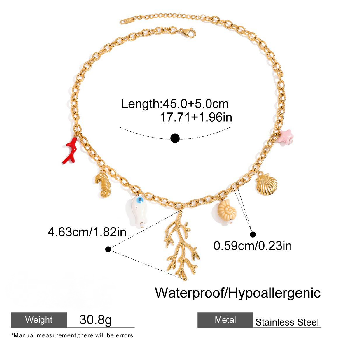Stainless Steel Vacation Style Coral Pendant Cable Chain Necklace