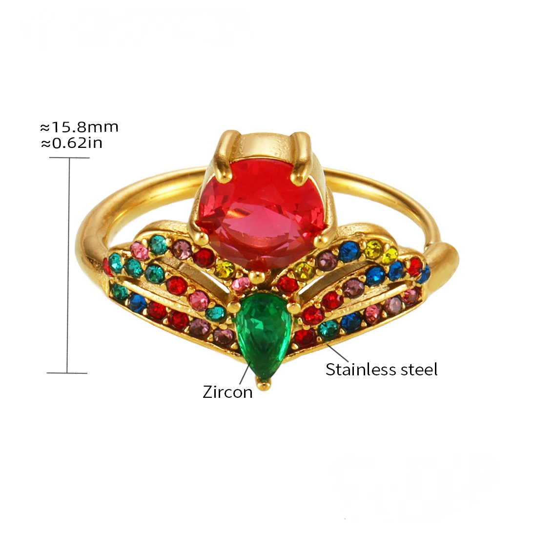 Bague manchette en acier inoxydable en forme de couronne avec zircone cubique