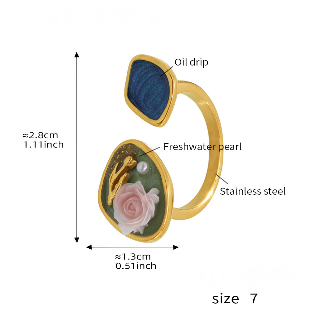 Oil Painting Style Flower Freshwater Pearl Ring Necklace Jewelry Suit
