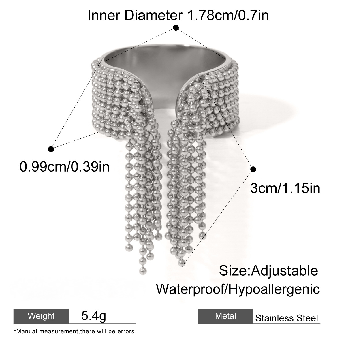 Stainless Steel Round Bead Tassel Open Ring