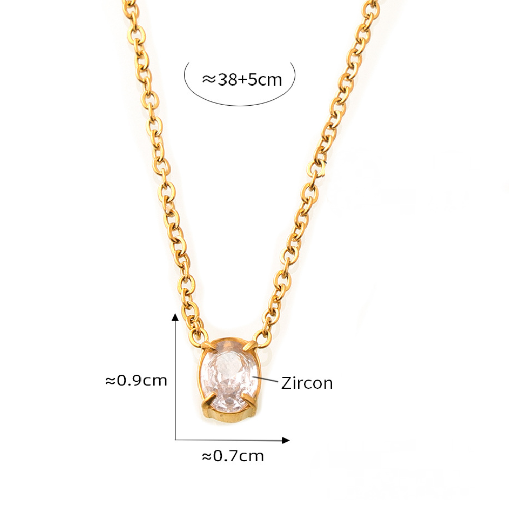 Stainless Steel Oval Pendant Inlay Cubic Zirconia Necklace