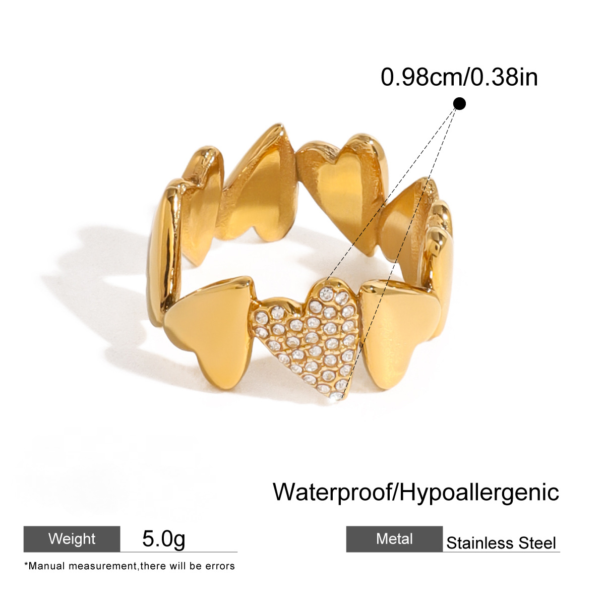 Stainless Steel 18K Gold PVD Cubic Zirconia Heart Ring