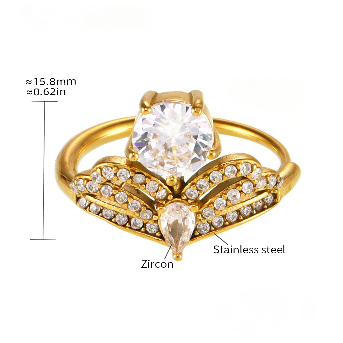 Bague manchette en acier inoxydable en forme de couronne avec zircone cubique