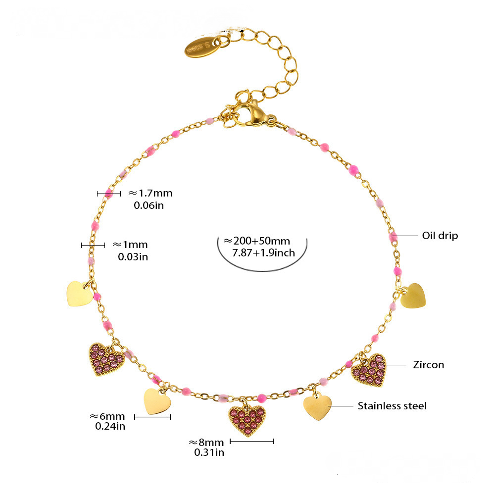Stainless Steel Heart Shaped Cubic Zirconia Beaded Necklace Bracelet Anklet Jewelry Suit