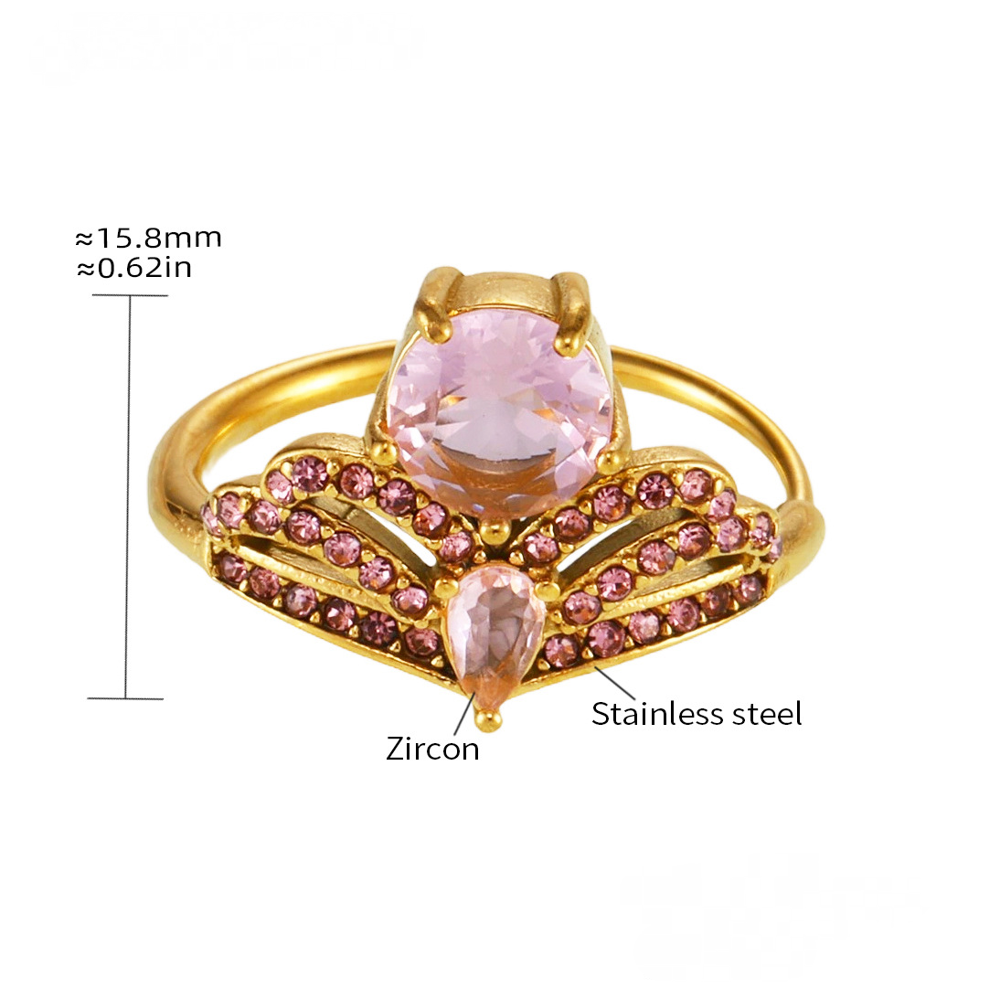 Bague manchette en acier inoxydable en forme de couronne avec zircone cubique