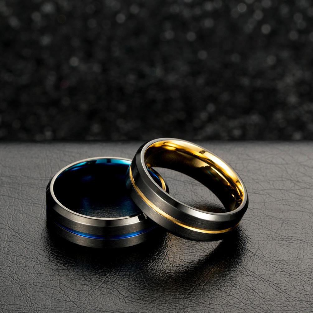 Blue Center Brushed Two-Tone Stainless Steel Ring