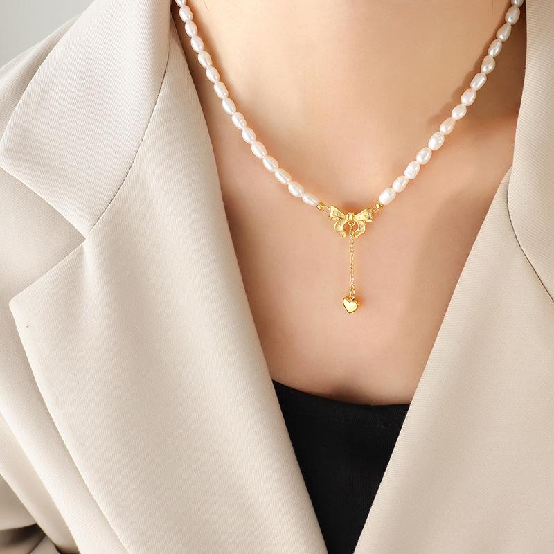 Bow Heart Tassel Pendant Freshwater Pearl Necklace