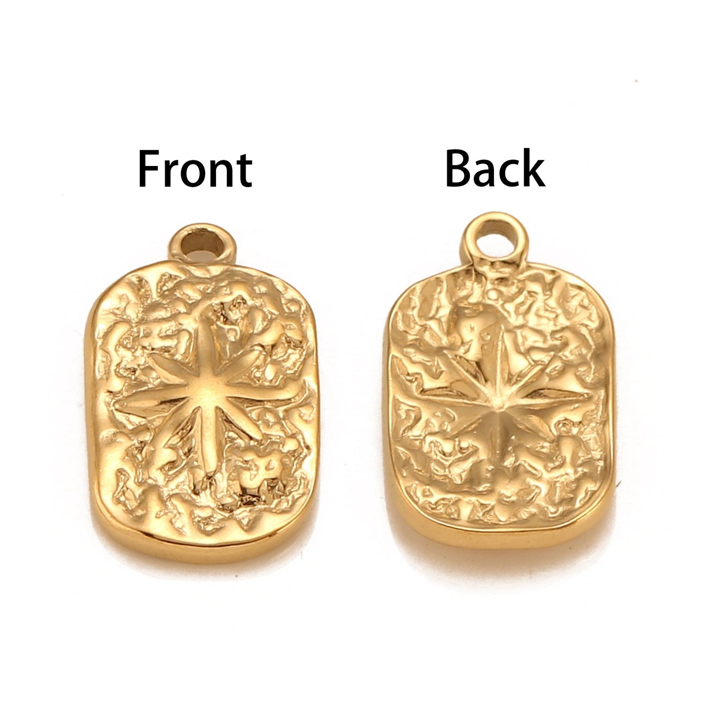 Pendentif rectangulaire en acier inoxydable avec étoile à six branches et revêtement PVD or 18 carats
