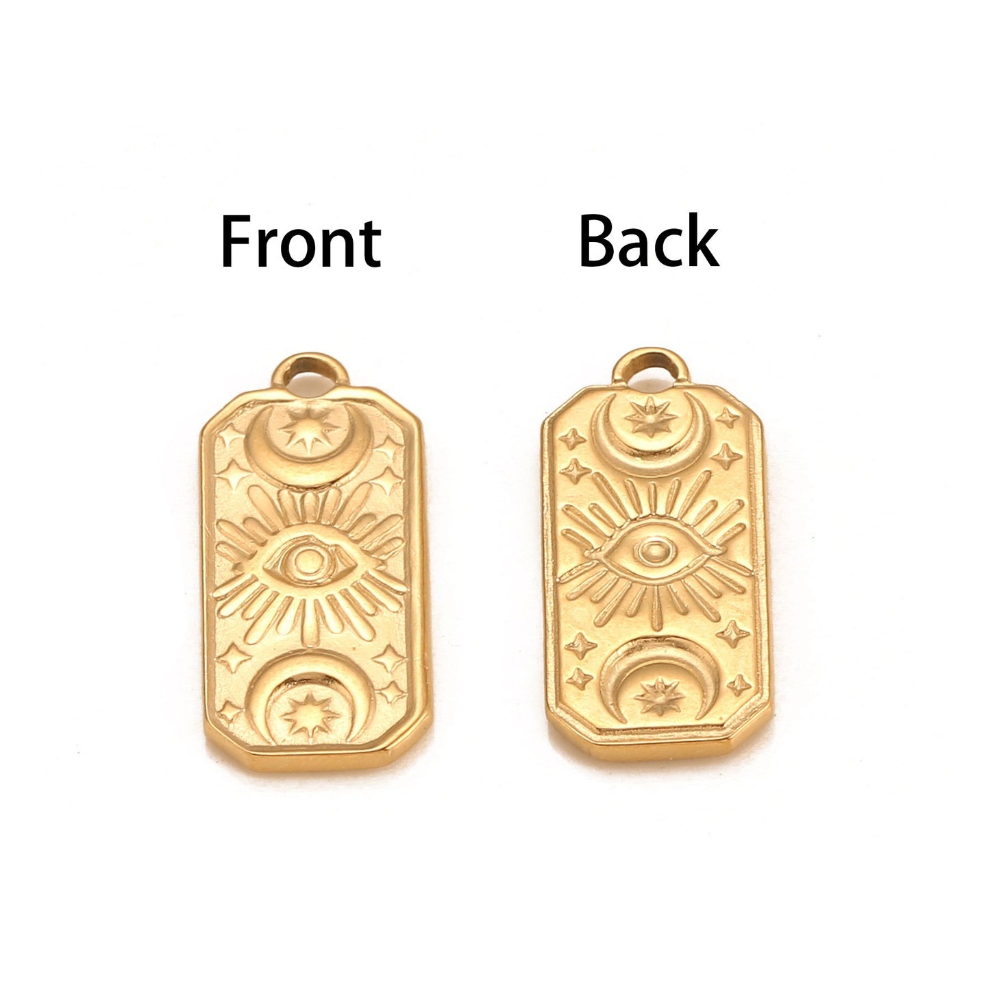 Pendentif rectangulaire en acier inoxydable avec étoile, lune et œil du diable